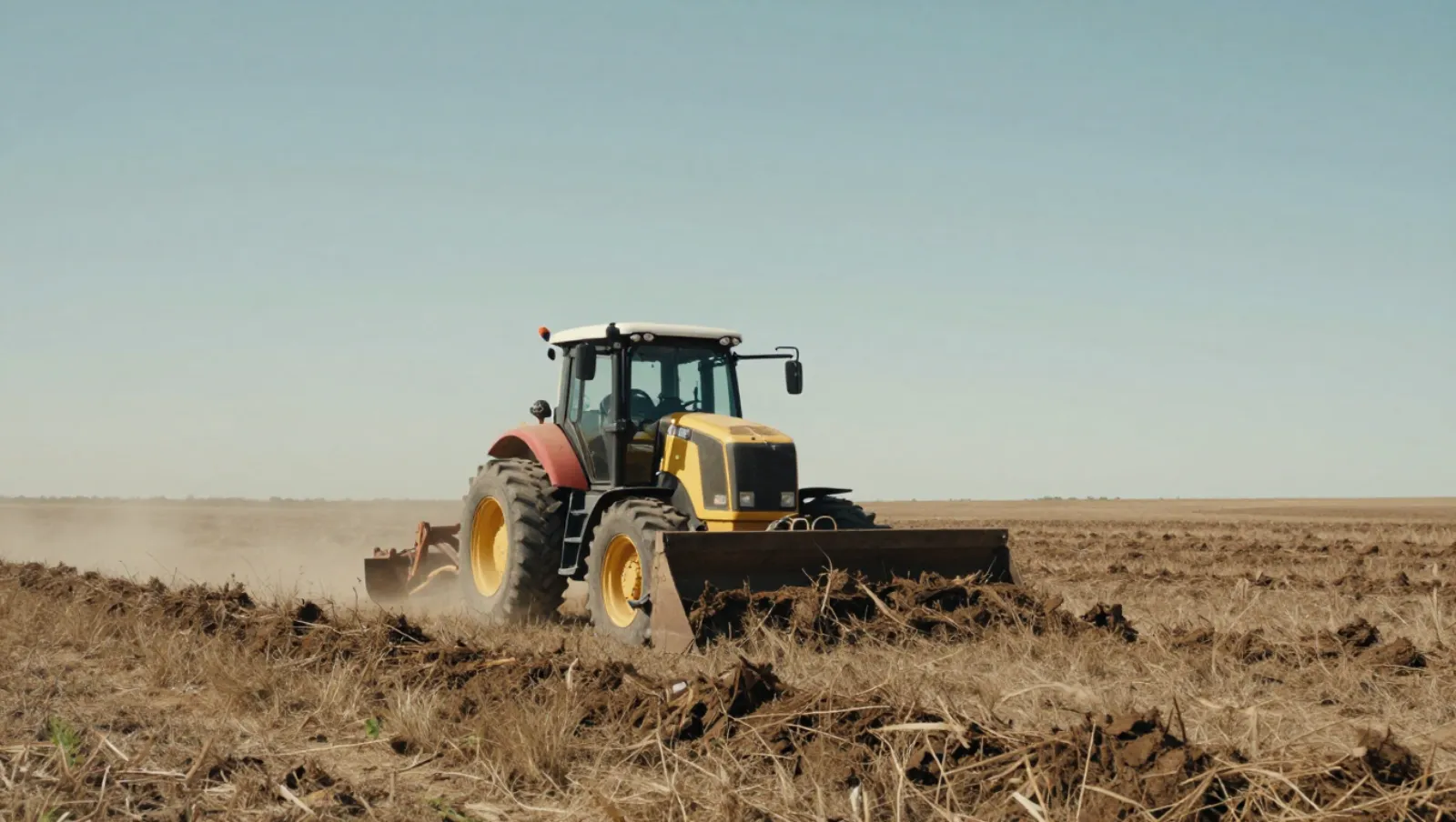 Yellow tractor plows brown earth in a dry open field — Daniel Dean Land Clearing, Southeast Texas