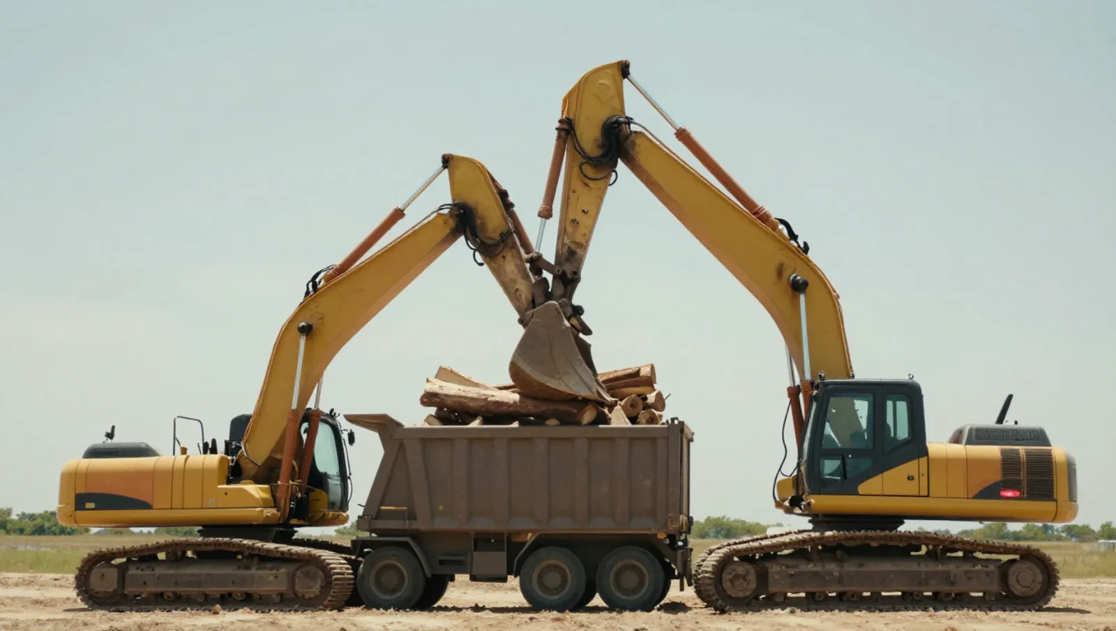 Two yellow excavators load logs into a dump truck on a dirt field — Daniel Dean Land Clearing, Southeast Texas