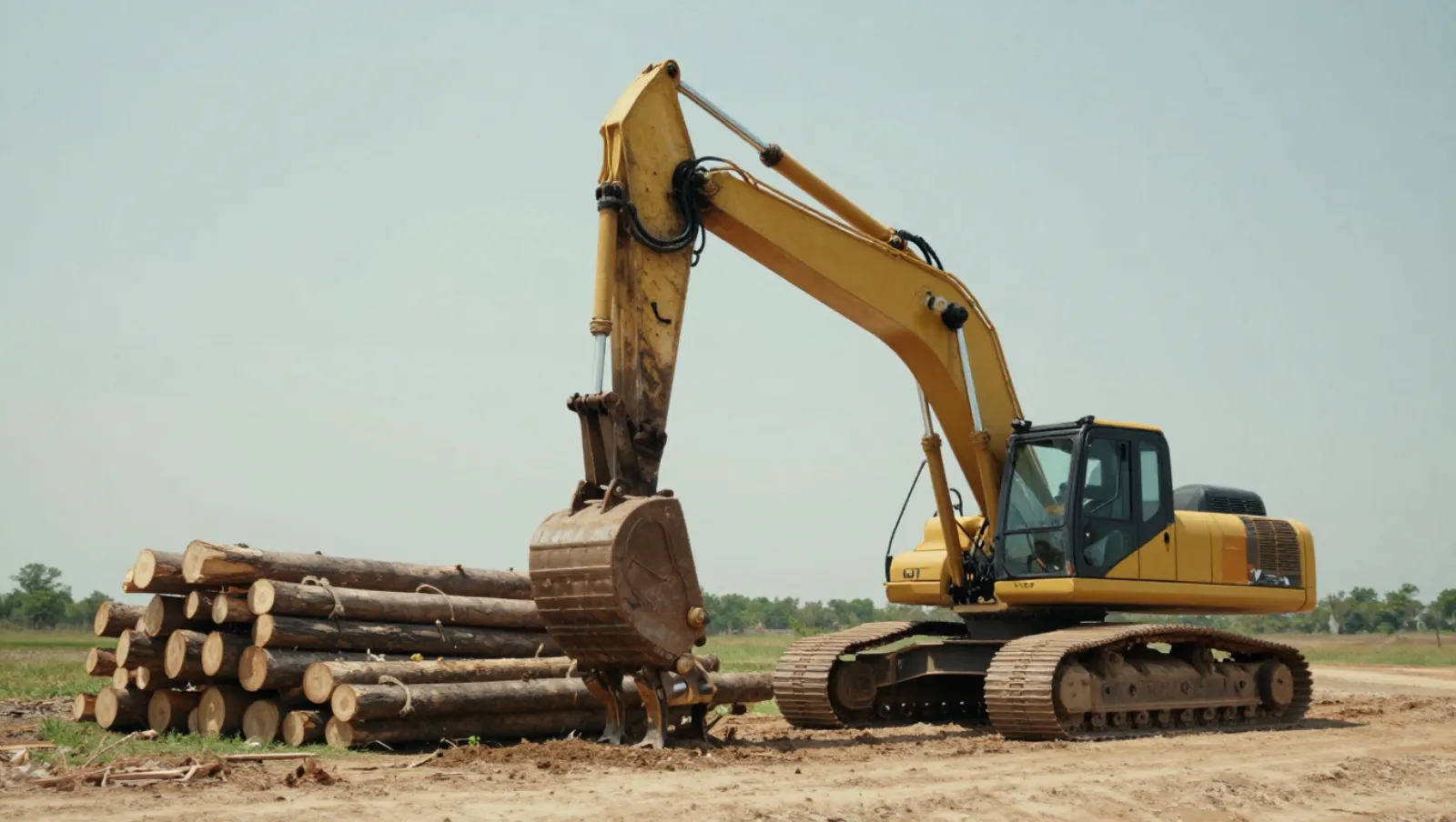 Yellow excavator moves stacked logs on a dirt field — Daniel Dean Land Clearing, Southeast Texas