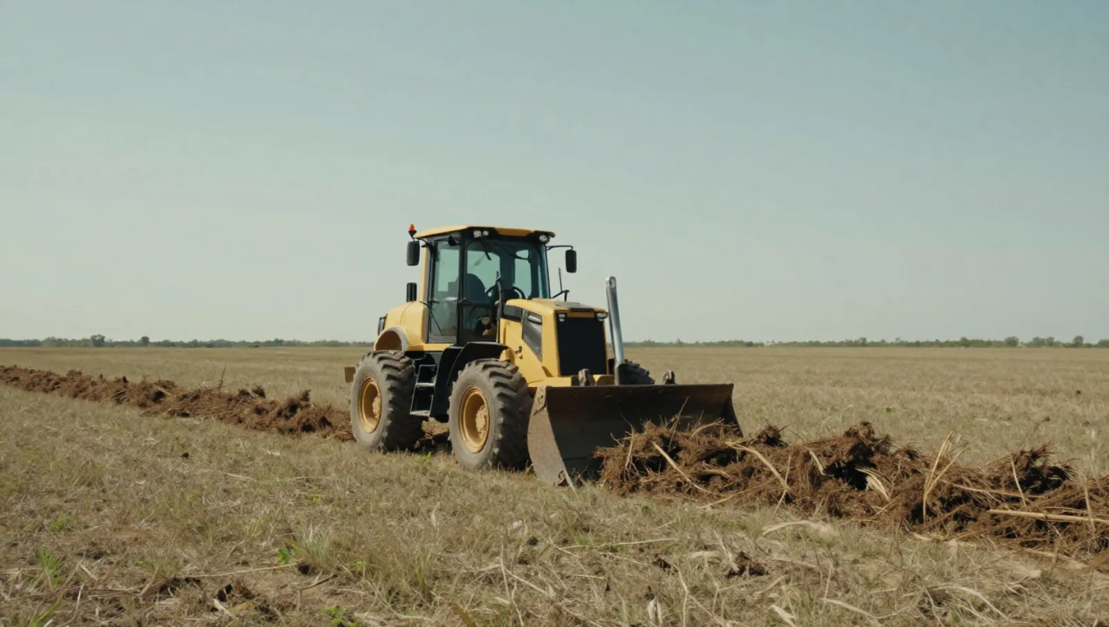 Yellow tractor moves dirt across a dry grass field — Daniel Dean Land Clearing, Southeast Texas