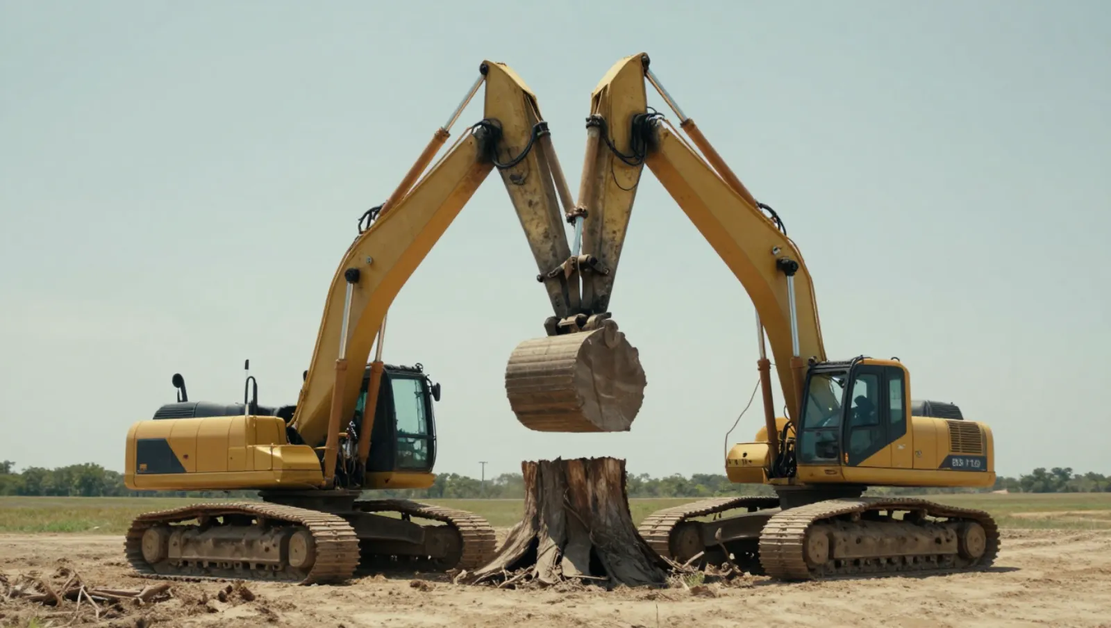 Two yellow excavators on a dirt field position a bucket above a felled tree trunk — Daniel Dean Land Clearing, Southeast Texas
