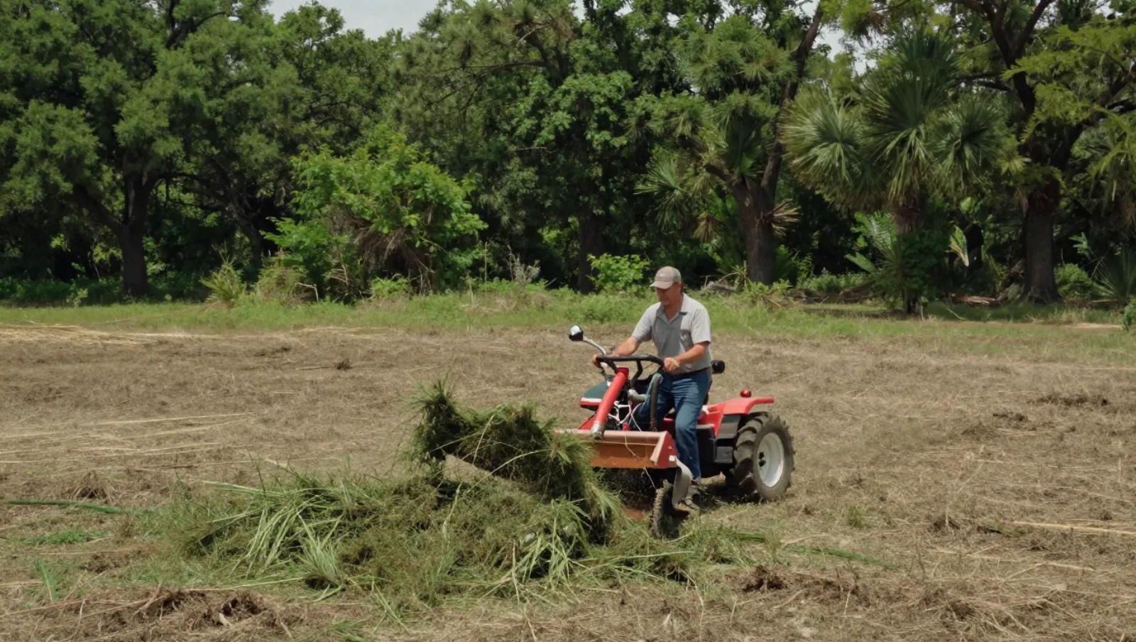 Man drives red ATV through dry field mowing tall vegetation — Daniel Dean Land Clearing, Southeast Texas
