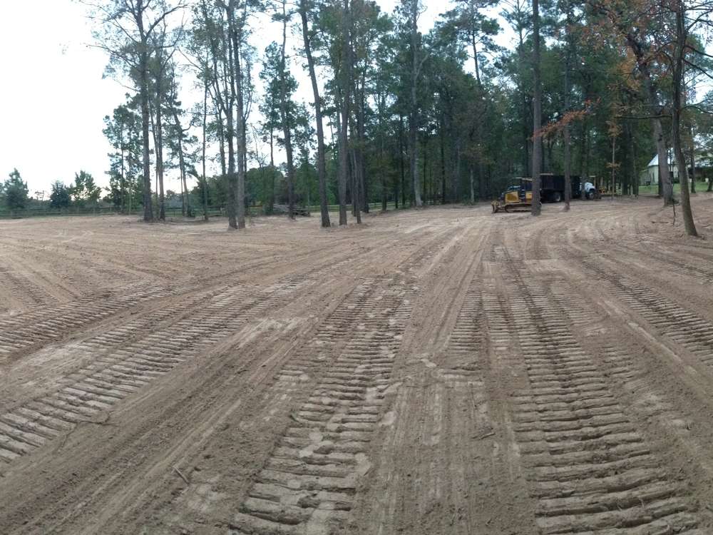 Open pasture and dirt road on a Houston-area property after Daniel Dean land clearing work